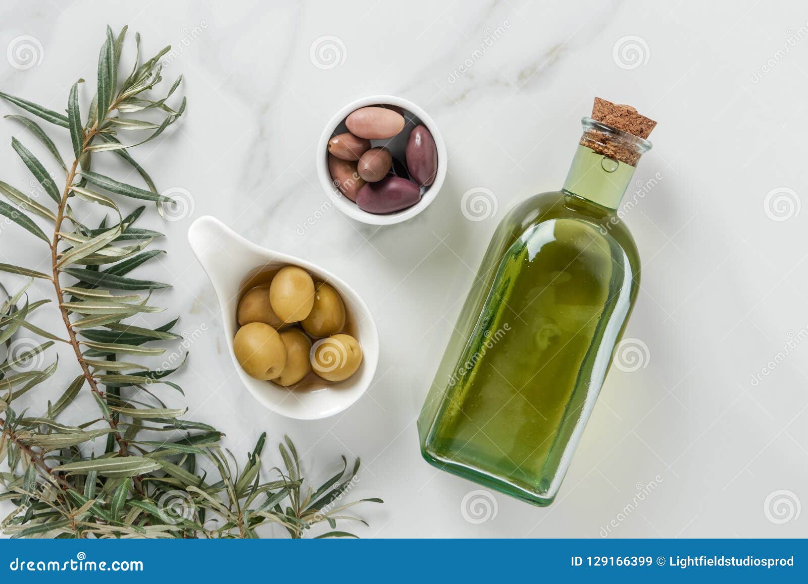 Top View of Olive Oil and Yummy Olives in Bowls Stock Image Image of
