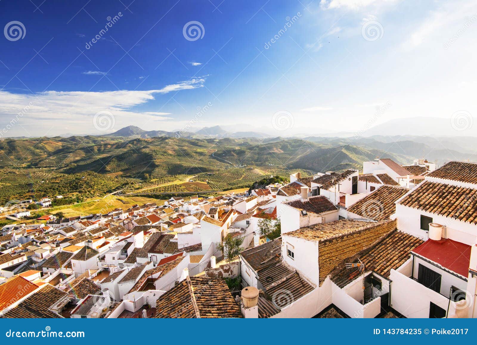 top view of olvera village, one of the beautiful white villages pueblos blancos of andalucia, spain