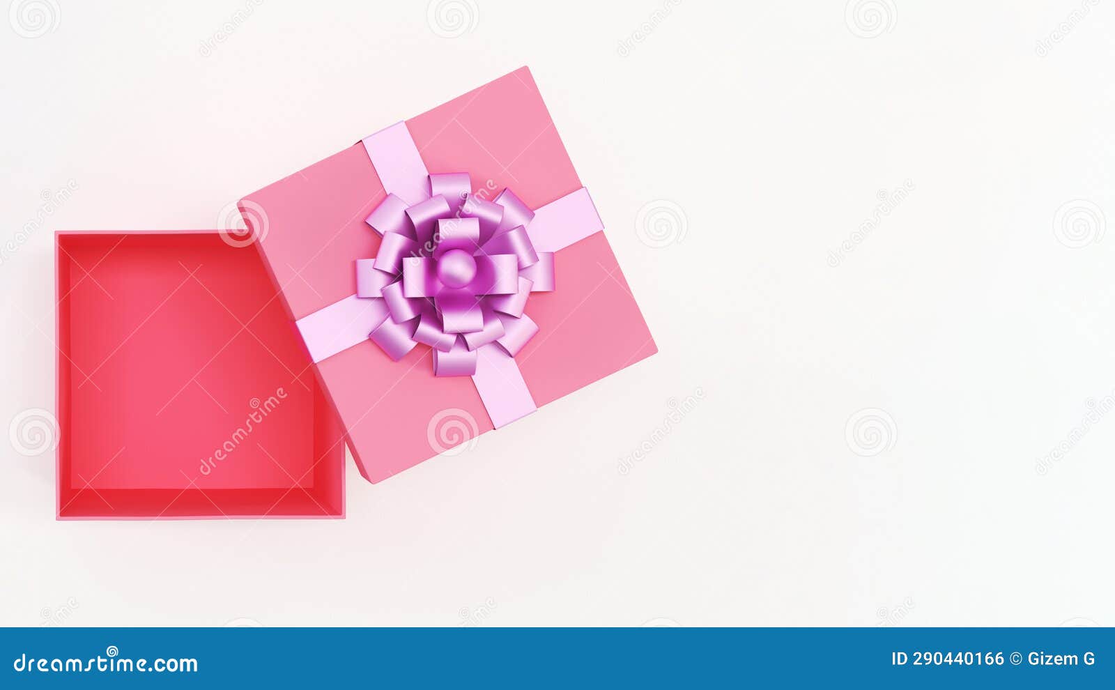 Top View of Open Pink Gift Box with Pink Ribbon Bow Isolated on White