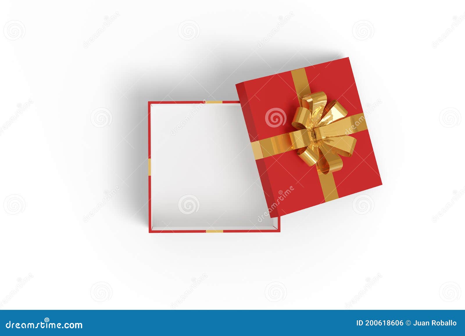 Top View of Open Red Gift Box with Golden Bow Isolated on a White
