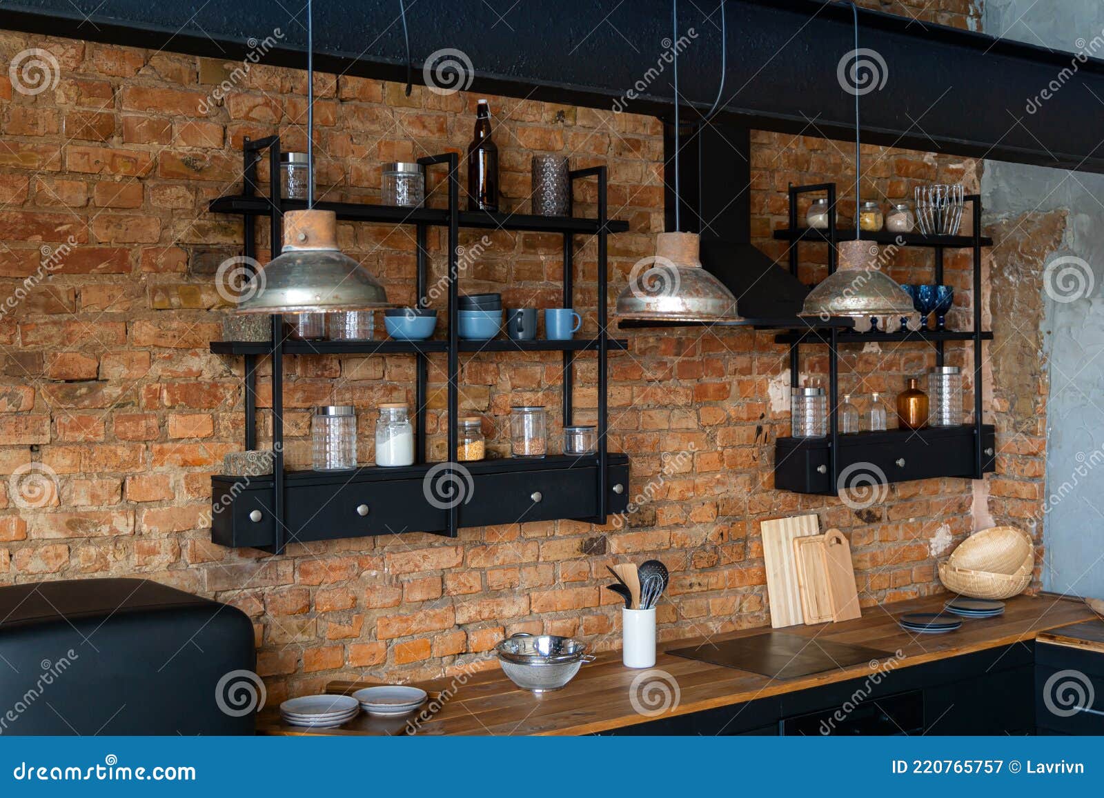 Top View on Open Space Industrial Loft Kitchen with Vintage Decor ...