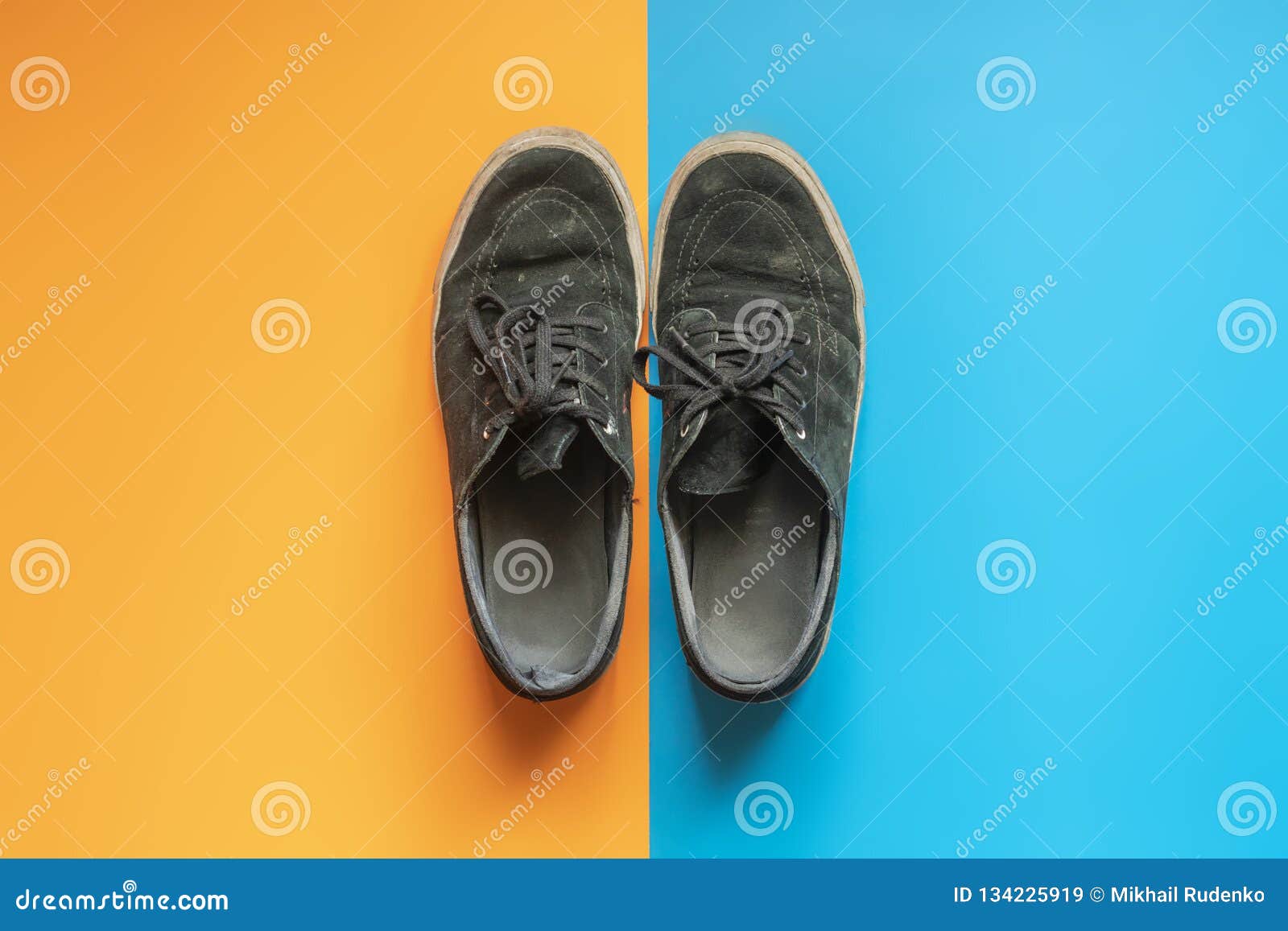 Top View of Pair Canva Sneaker Shoes Isolated on Double Color Surface F ...