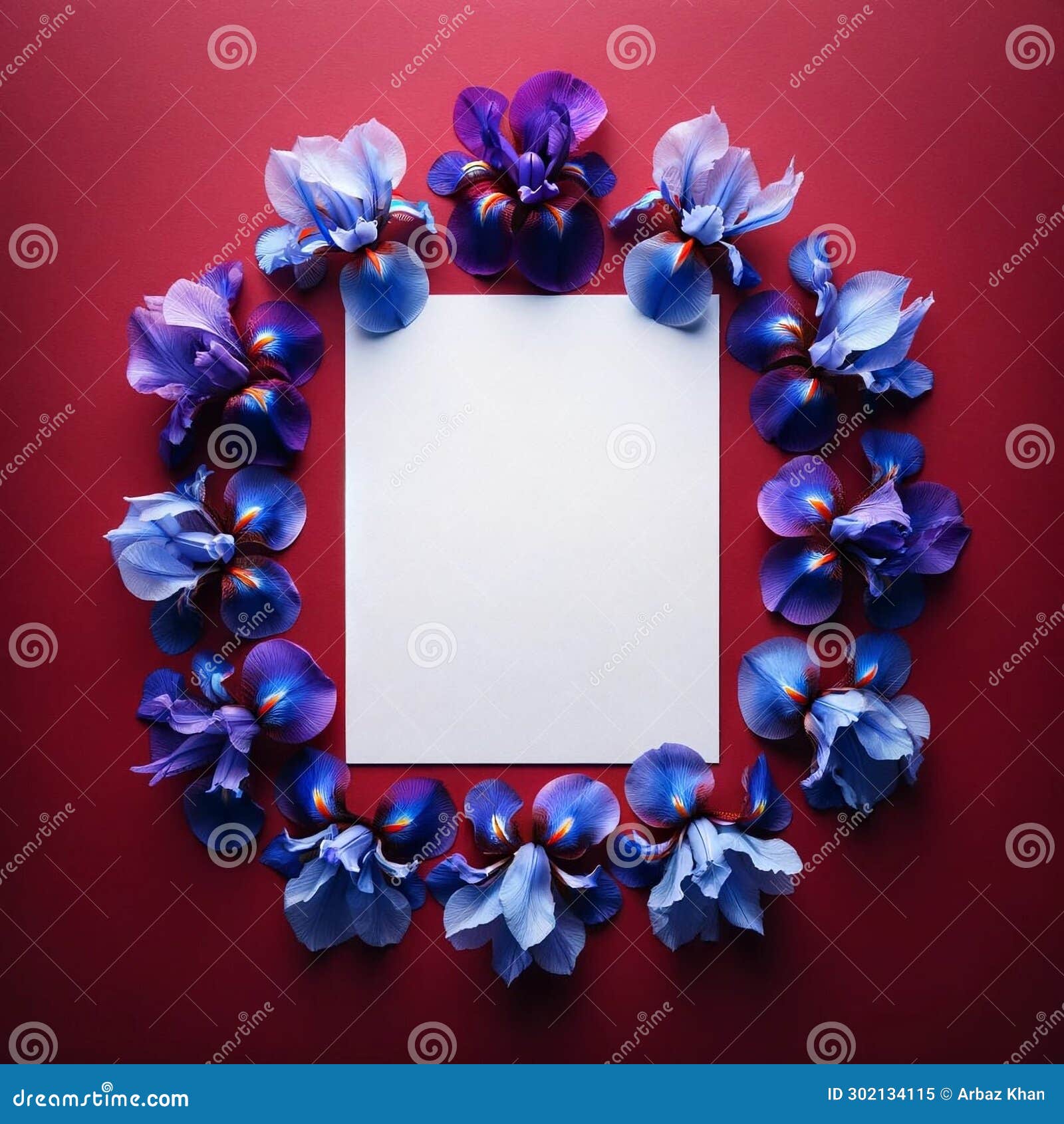 a blank paper encircled by blue and purple blossoms floral background, mockup, colorful background