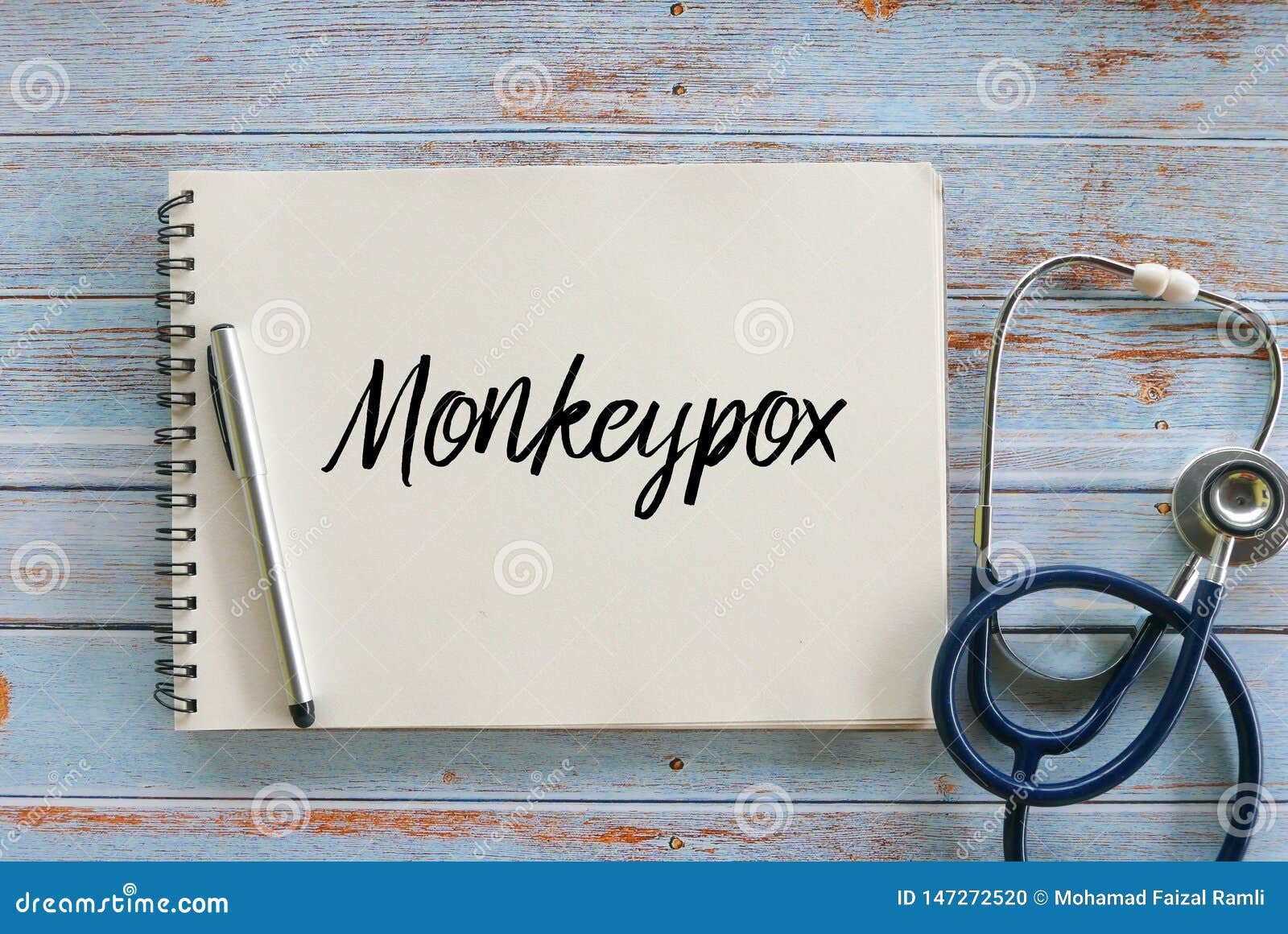 top view of pen,stethoscope and notebook written with monkeypox