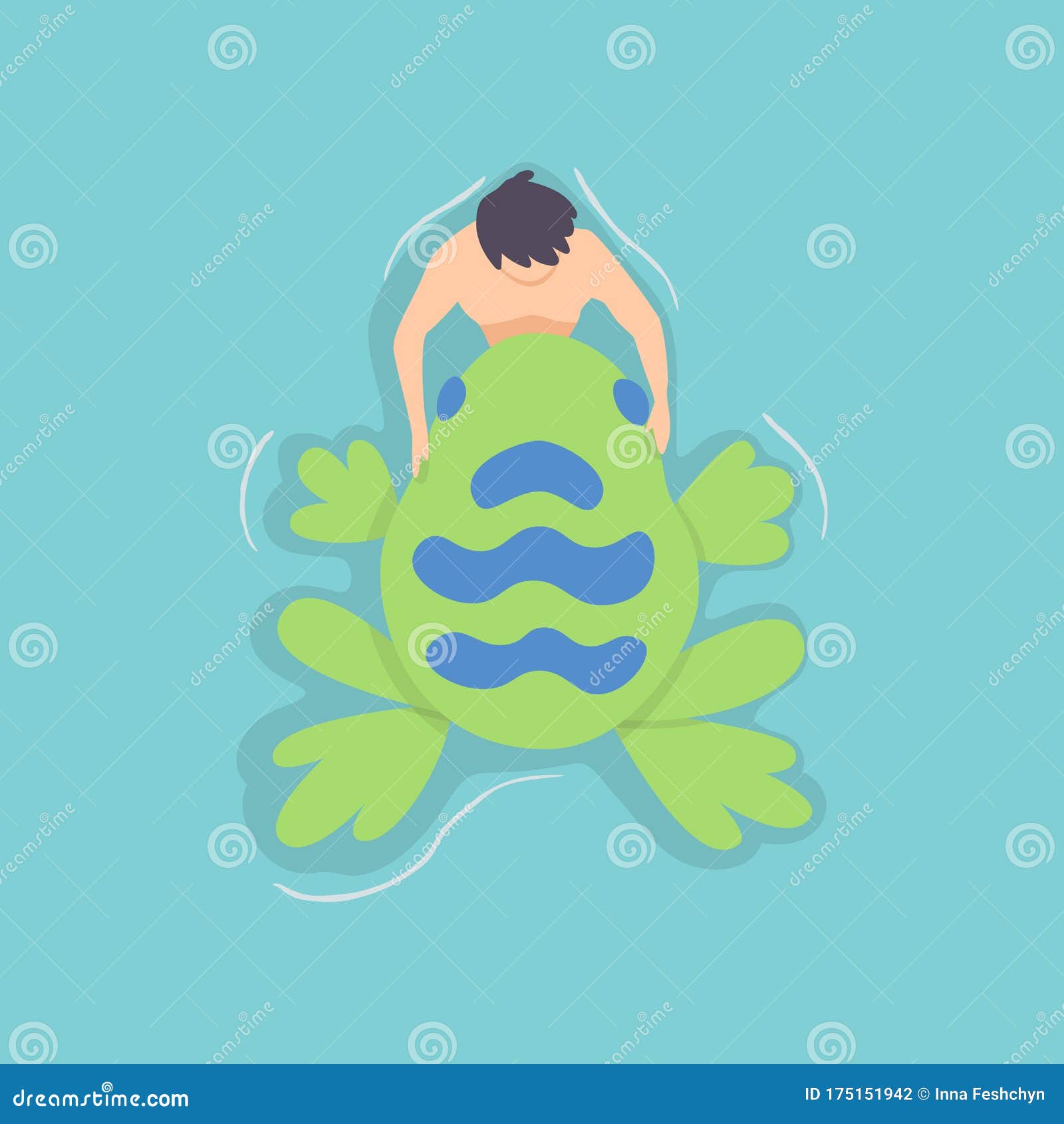 top view persone floating on air mattress in swimming pool. men relaxing and sunbathing on inflatable frog . 