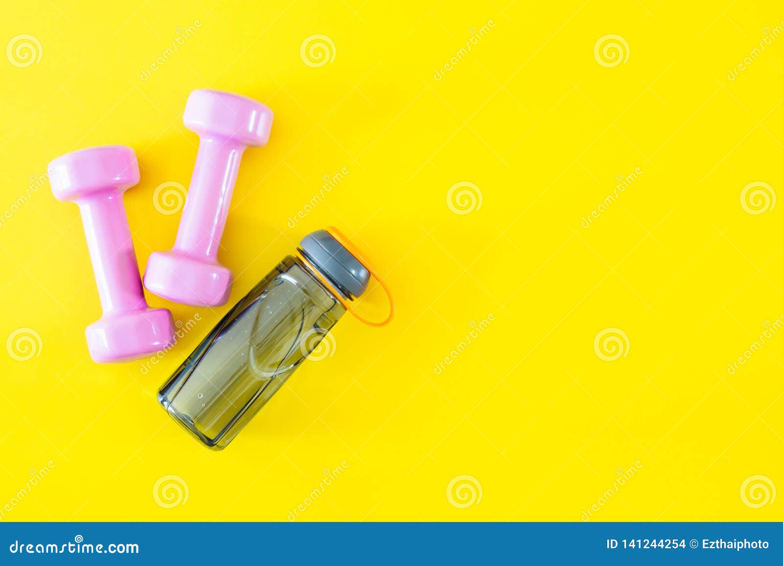 Download Top View Of Pink Dumbbells And Bottle Of Water On Yellow Background Fitness And Healthy Lifestyle Background Concept Stock Photo Image Of Copy Power 141244254 Yellowimages Mockups