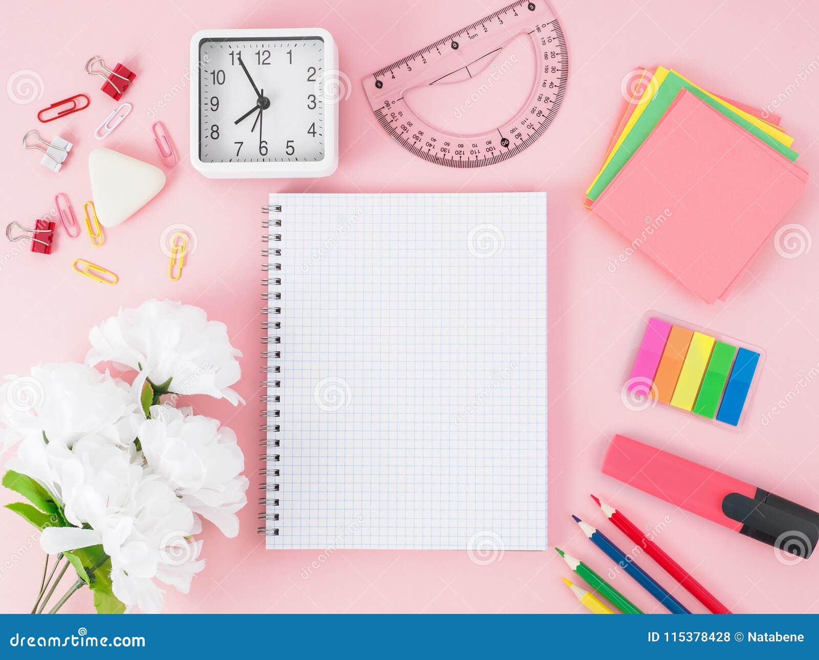 Office stationery supplies, blue and pink background. School or education  accessories, writing and drawing tools, pencils and rubbers, ruler and  paper Stock Photo - Alamy