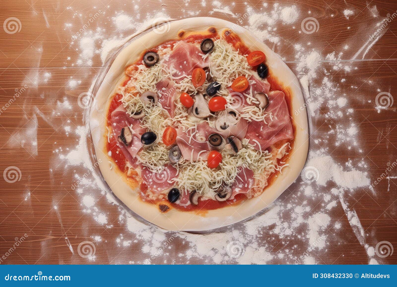 top view of a pizzamaking process with toppings and dough