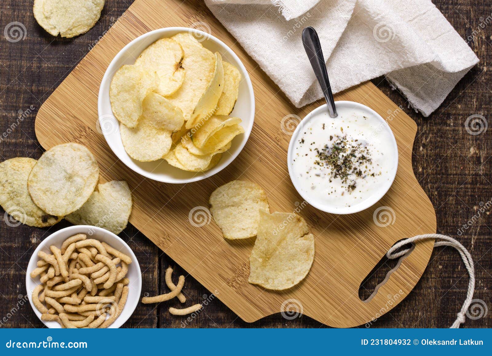Top View Potato Chips with Sauce. High Quality Photo Stock Photo