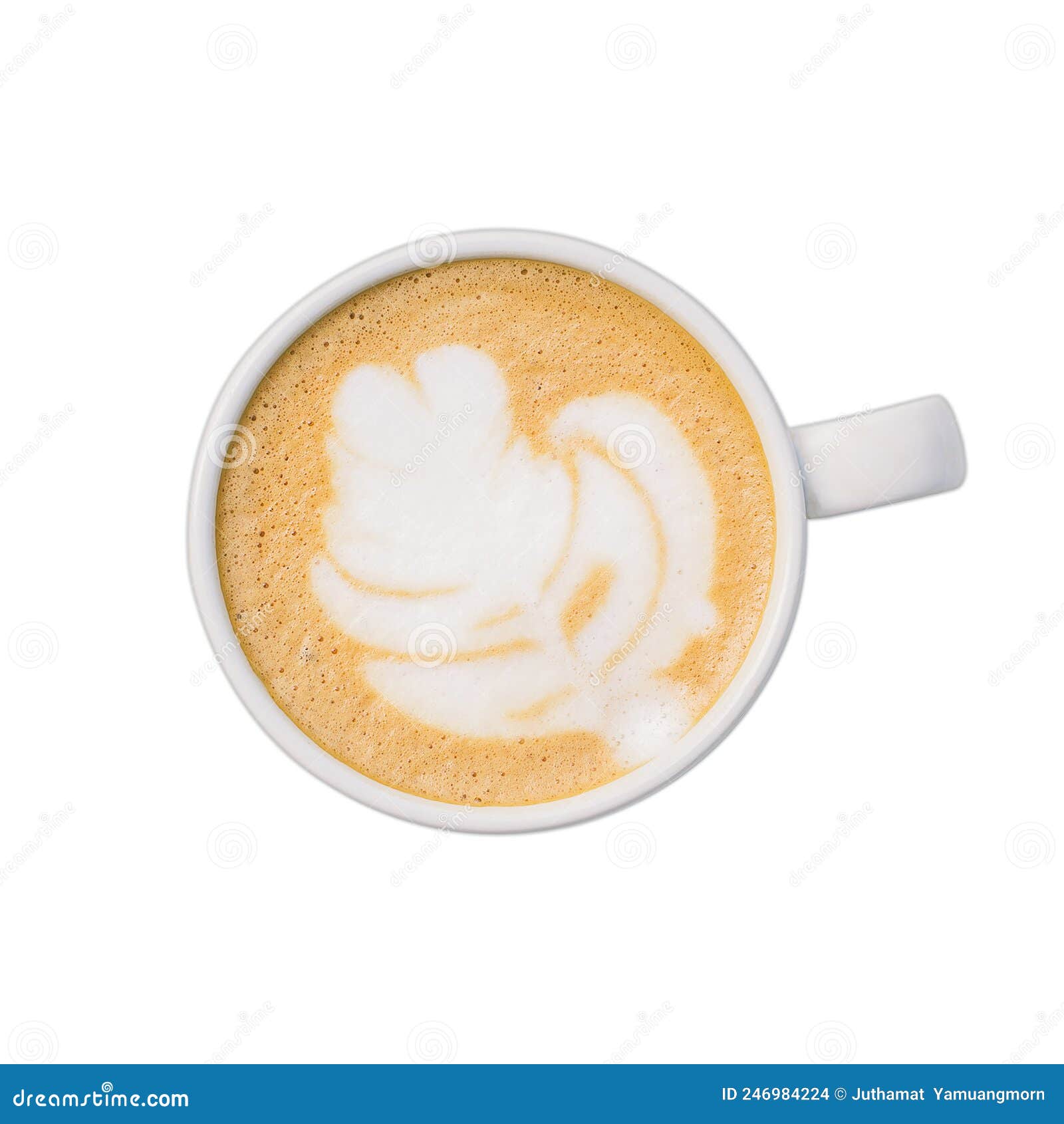 Top View. Practice Homemade Coffee Latte Art on Cup Isolated White