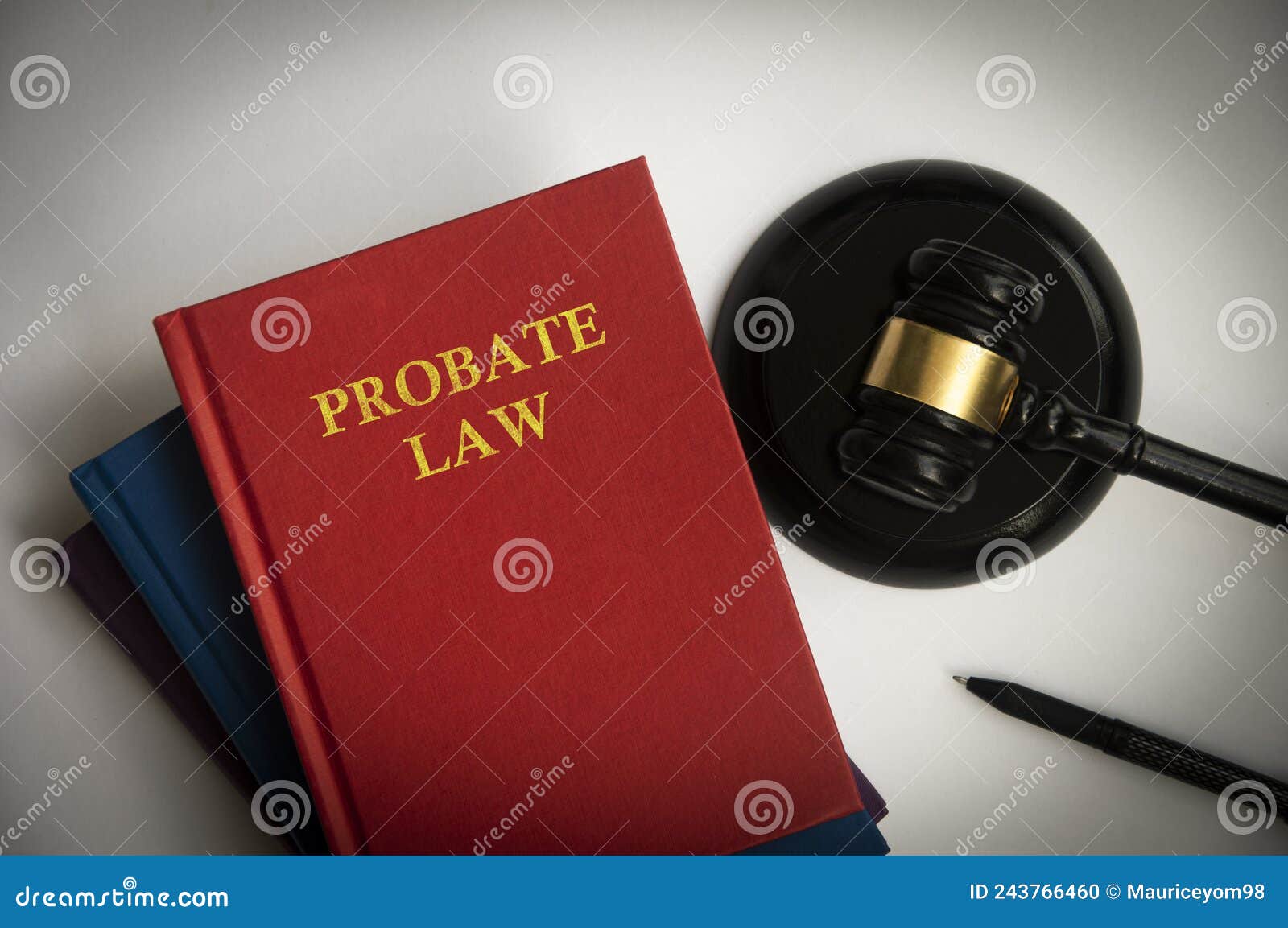 top view of probate law book with gavel on white background.