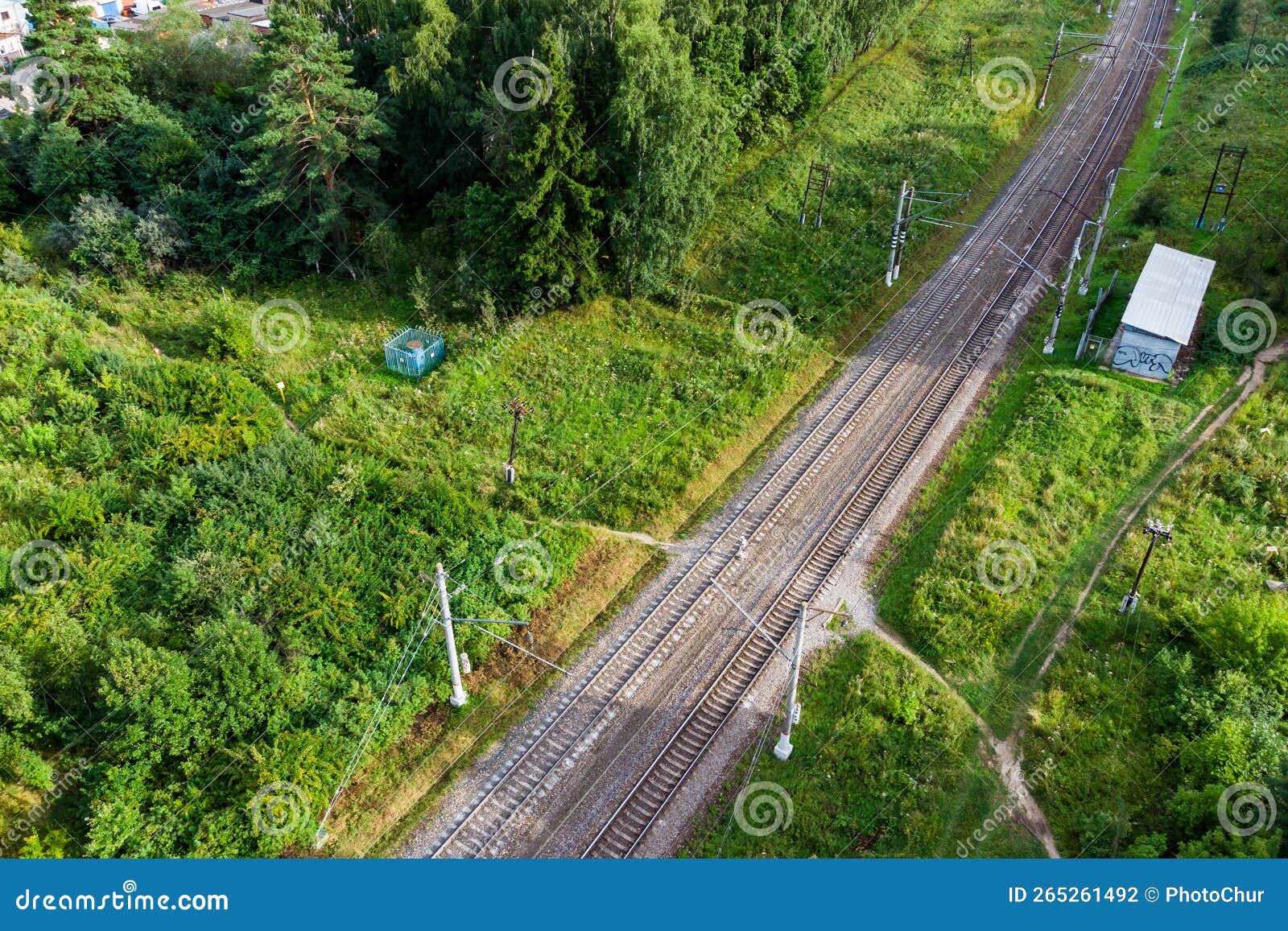 Top View of Railway Tracks with Wires Stretched Over Them Stock Photo