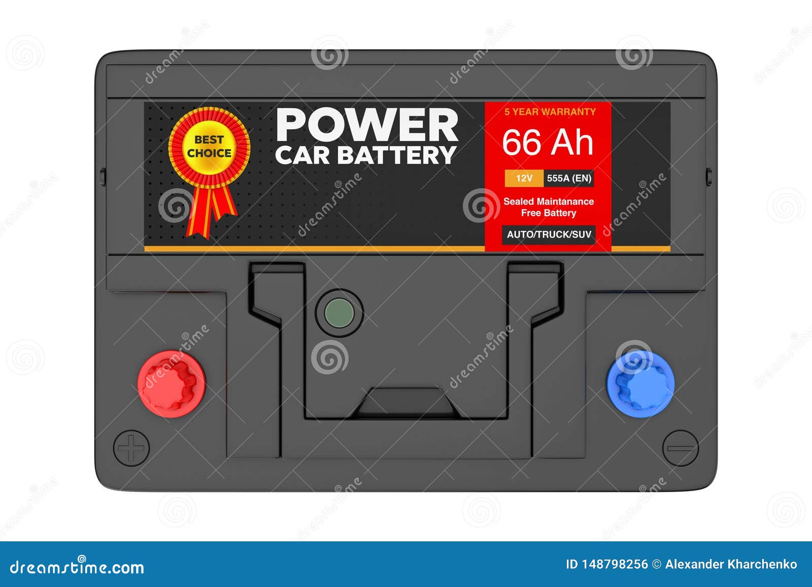 top view of rechargeable car battery 12v accumulator with abstract label. 3d rendering