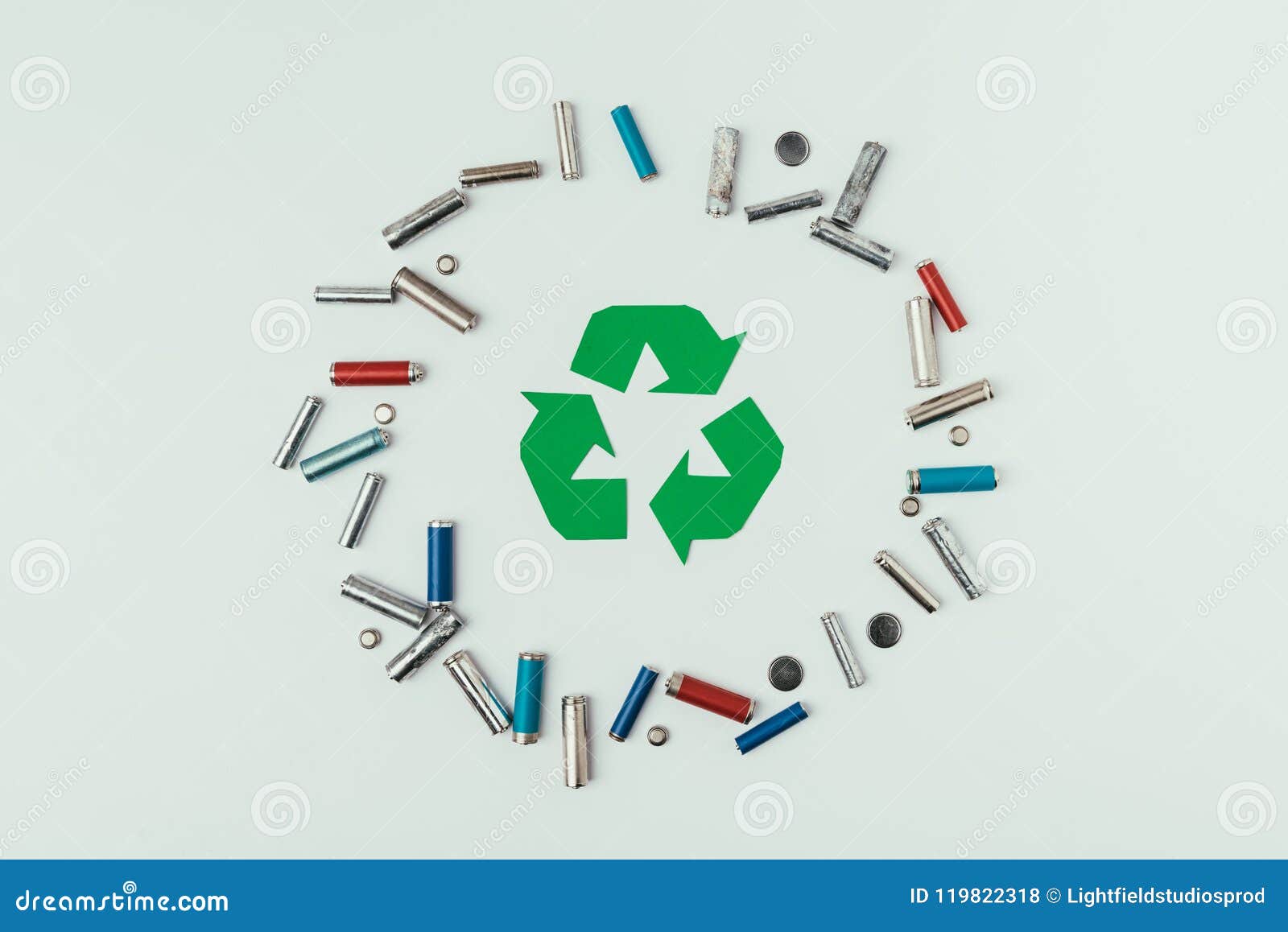 Top View of Recycle Sign and Various Types of Batteries in Circle