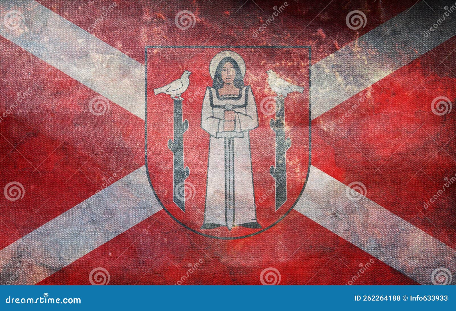 top view of retro flag golub-dobrzyn, poland with grunge texture. polish patriot and travel concept. no flagpole. plane ,