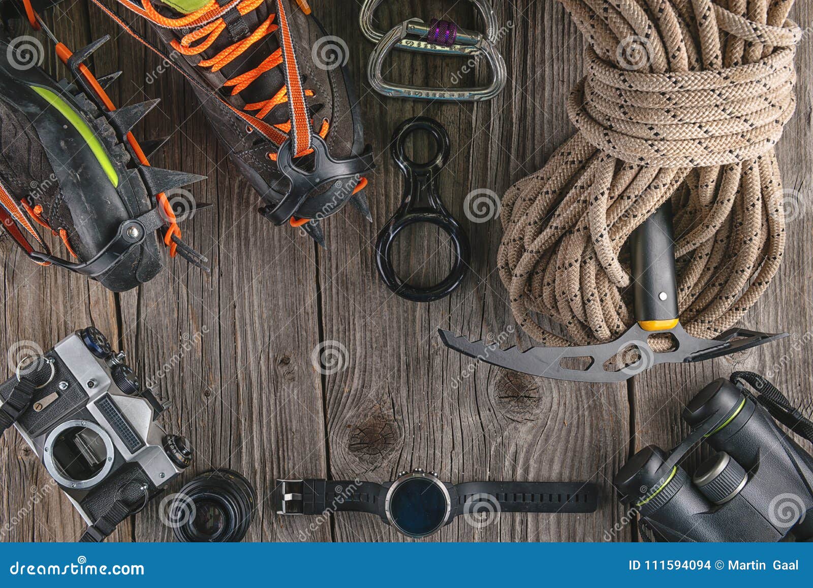 Top View of Rock Climbing Equipment on Wooden Background. Chalk Bag ...