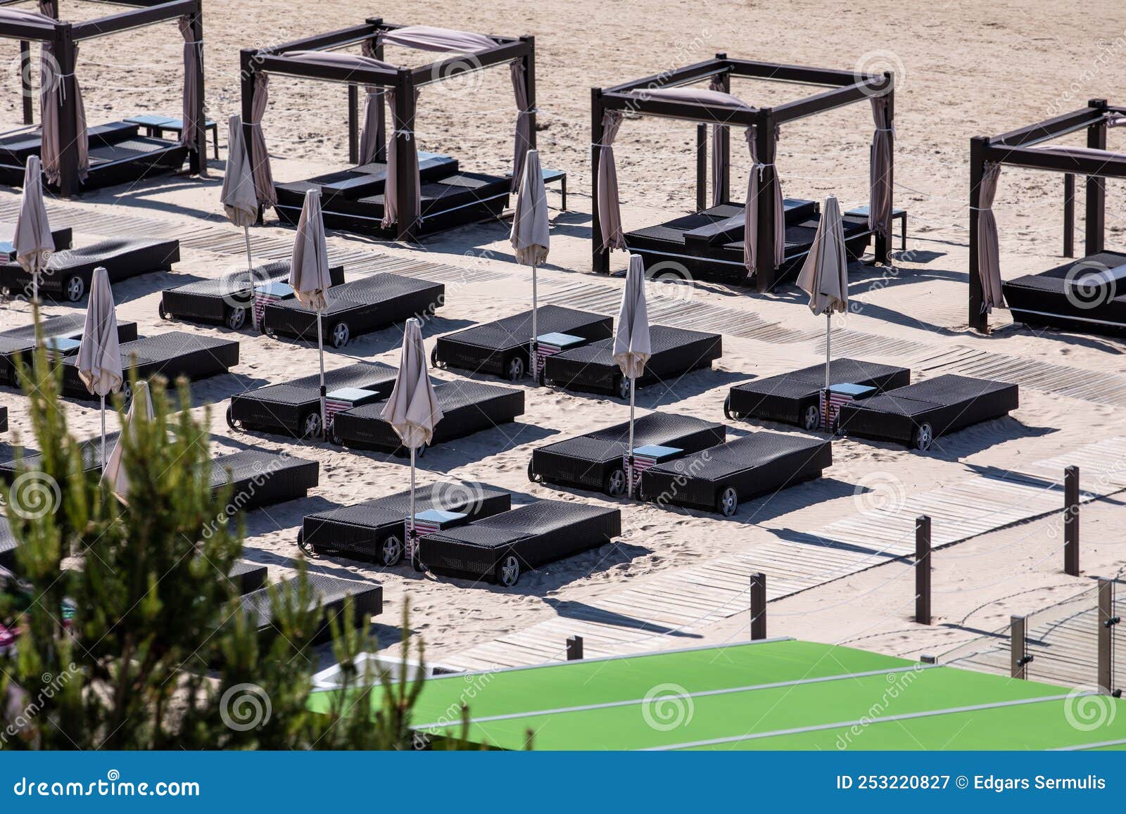 Top View of Romantic Beach Beds for Relax and Sunbathing. Resort and