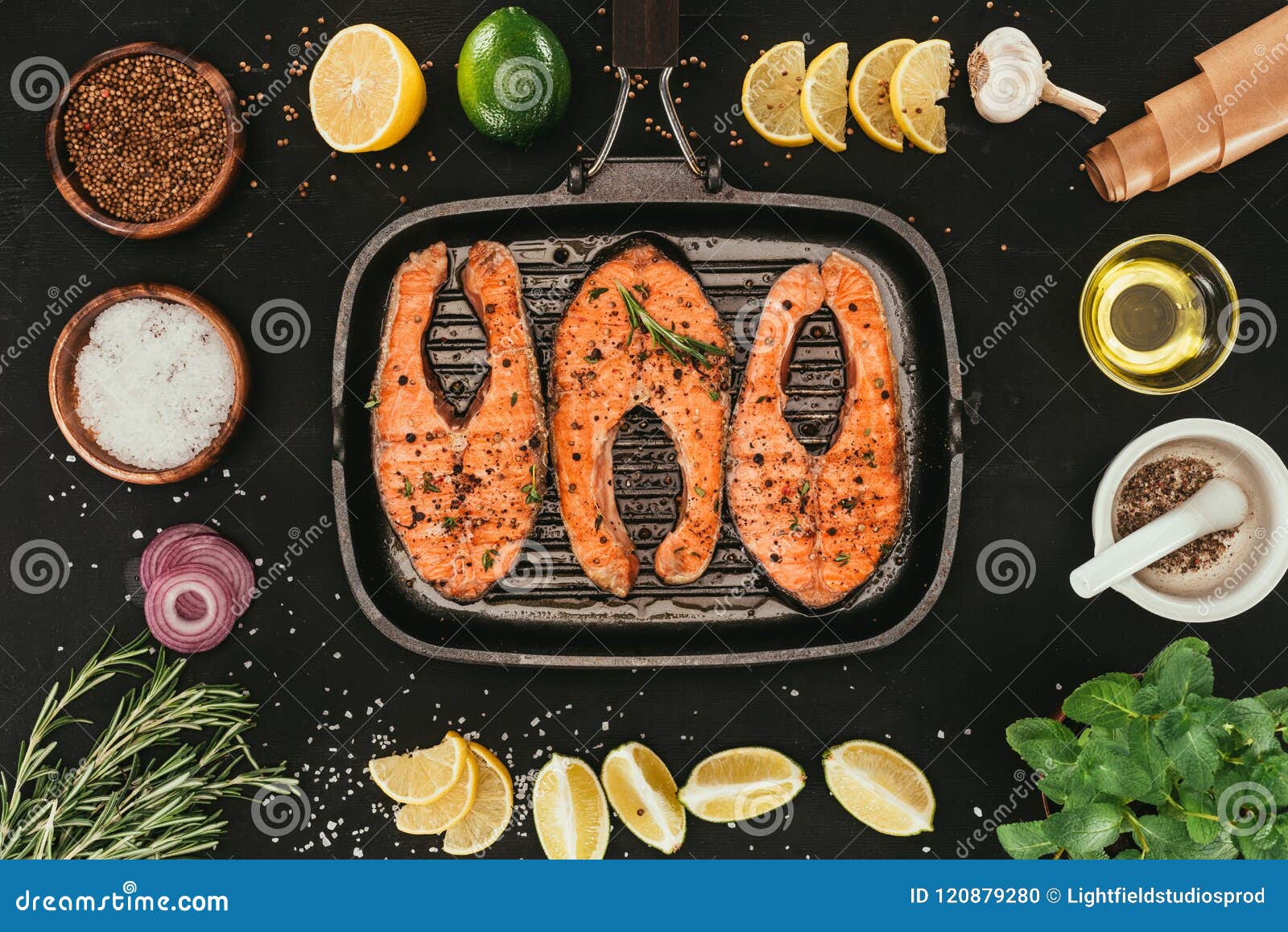 Top View of Salmon Steaks on Grill and Spices Stock Photo Image of