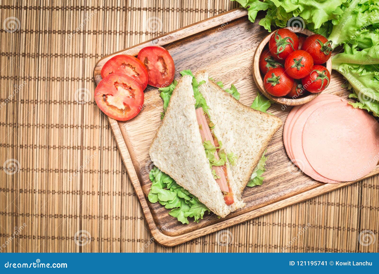 top view of sandwiches and ham with tomatoes,club sandwich with cheese and vegetable