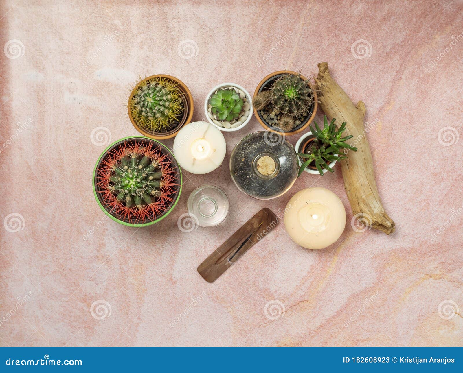 Top View of Scented Incense Stick, Various Cactus and Candles on Pink