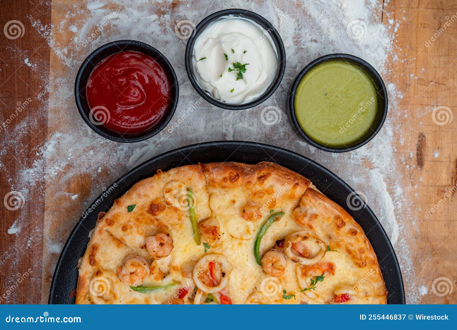 Top View of a Seafood Pizza with Sauces Stock Image Image of crust, meal 255446837
