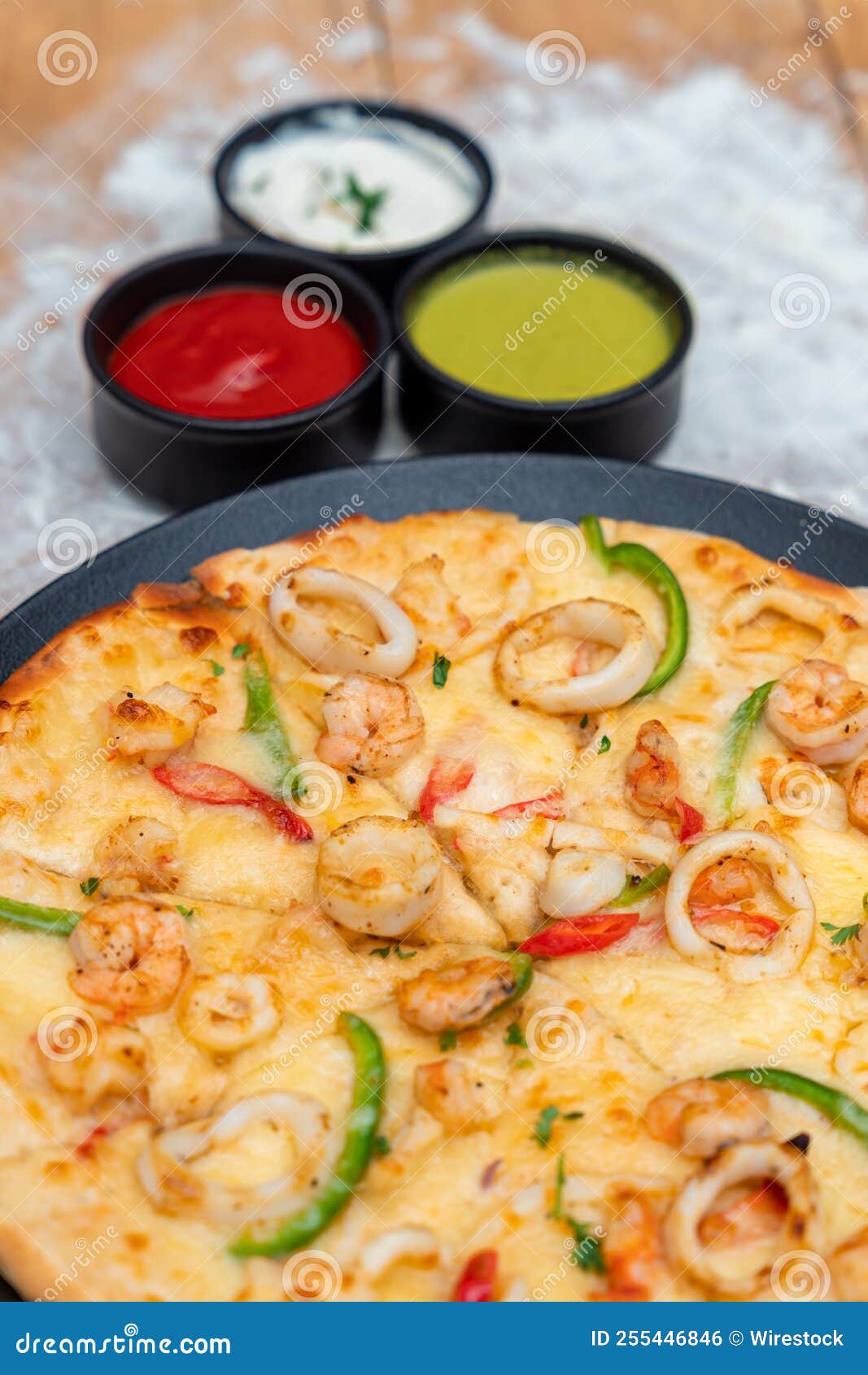 Top View of a Seafood Pizza with Sauces Stock Photo Image of tasty, cuisine 255446846