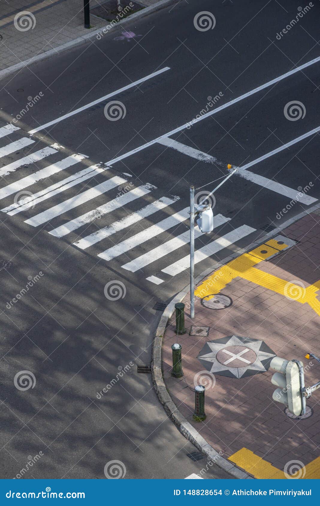 Top View Seeing Crossing Sign at the Corner of the Road. Stock Photo ...