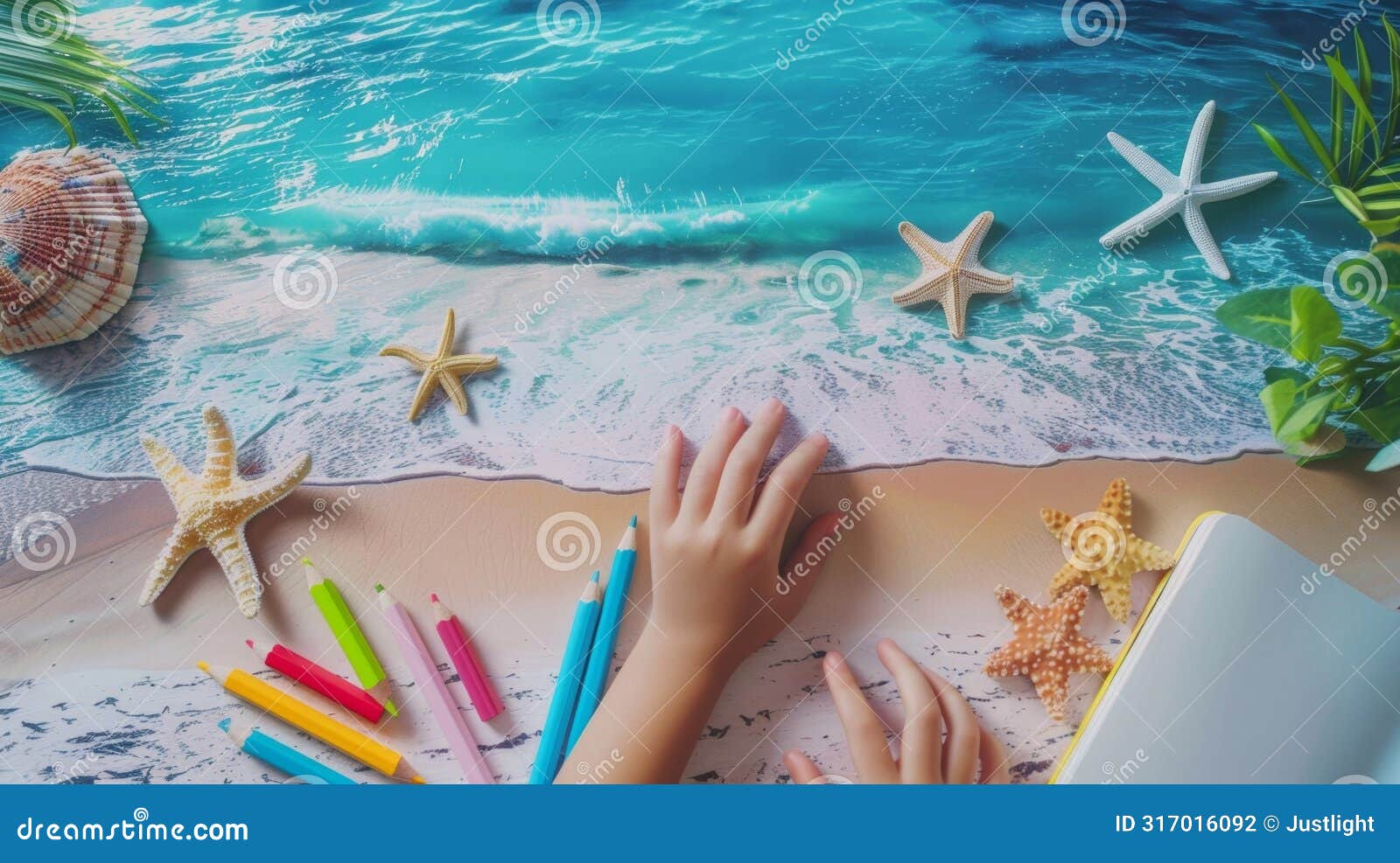 a top view of a serene beach scene with a persons hand adding pops of color to the page with highquality crayons