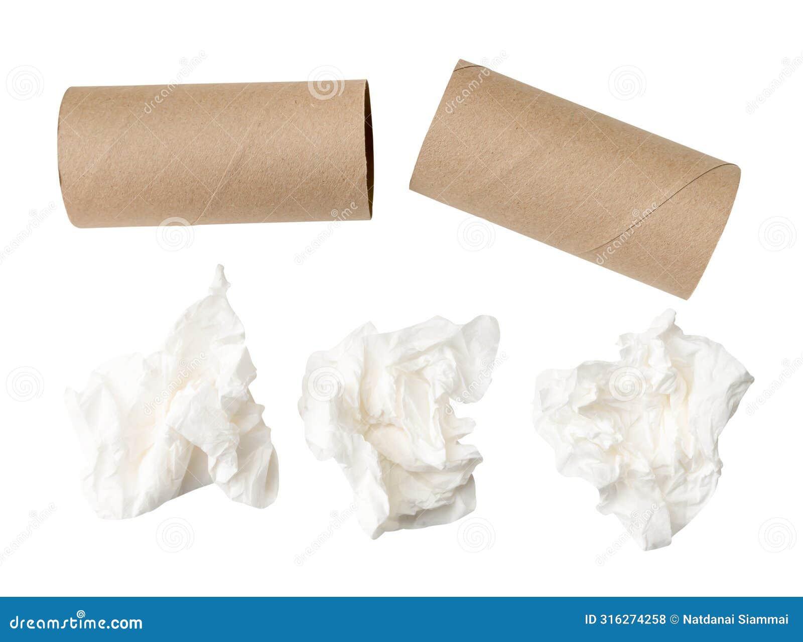 top view set of screwed or crumpled tissue paper balls with cores after use in toilet or restroom  on white background