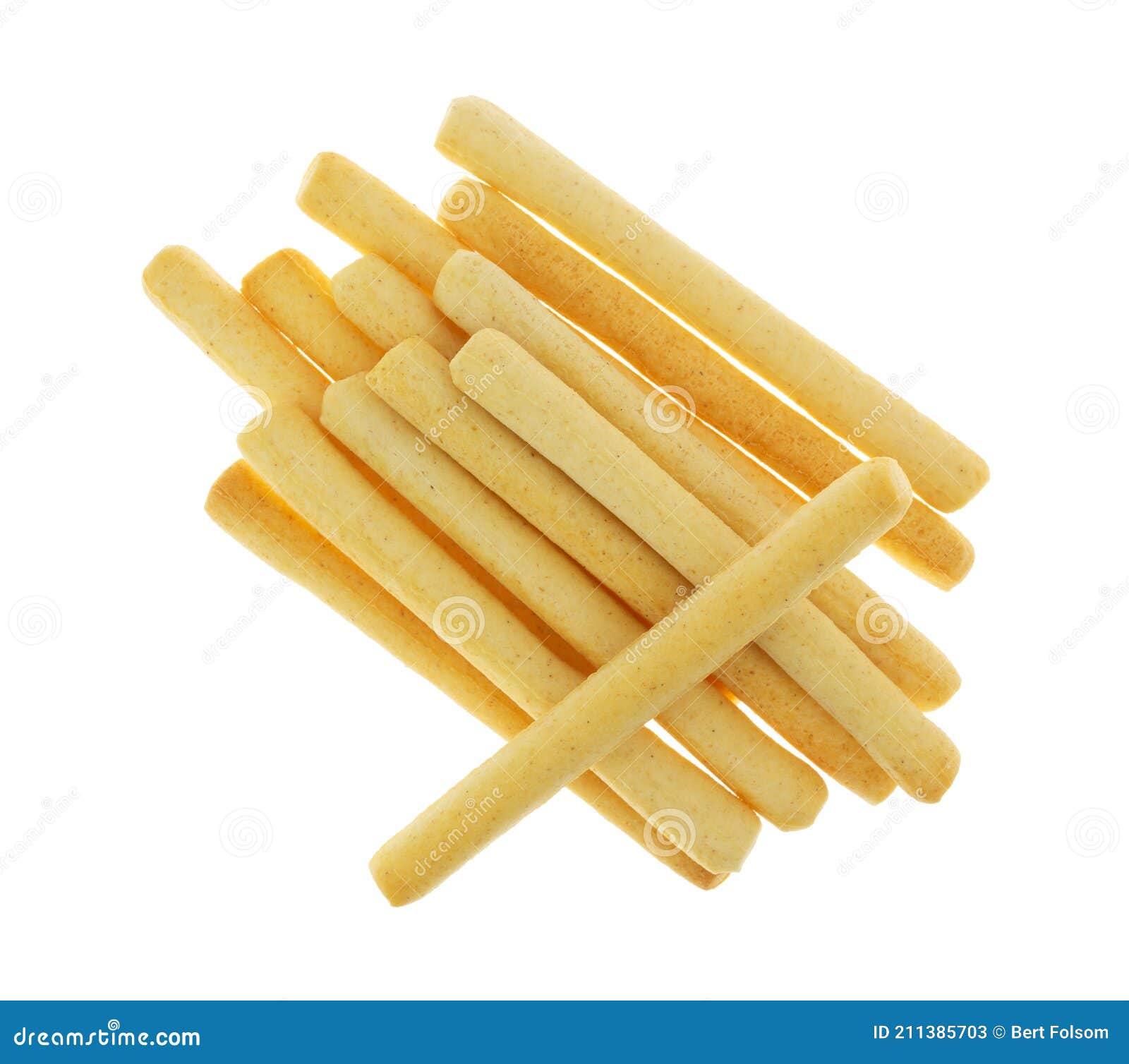 Overhead View of a Group of Crunchy Breadsticks with One at an Angle