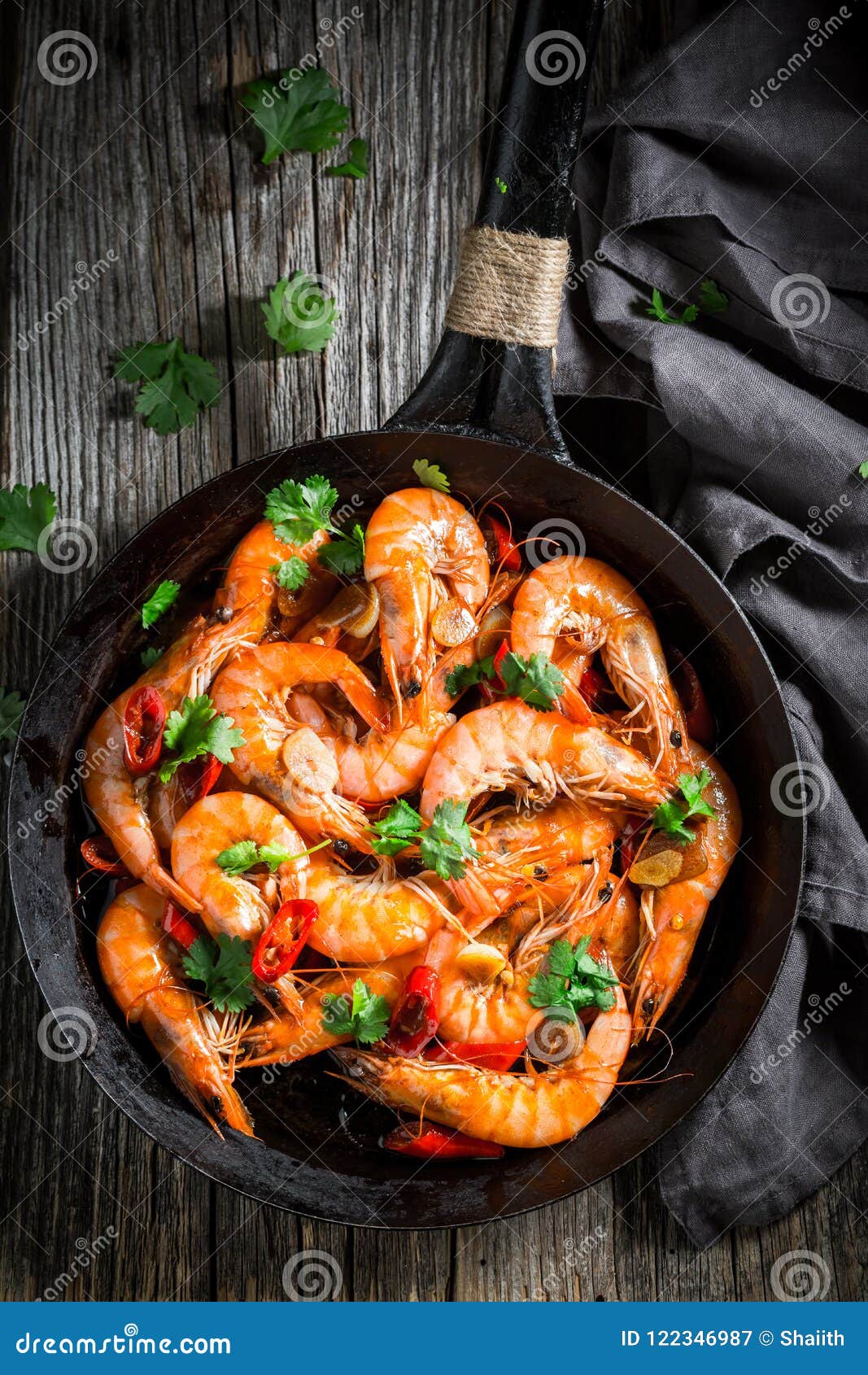 Top View of Shrimps on Pan with Garlic and Peppers Stock Image - Image ...