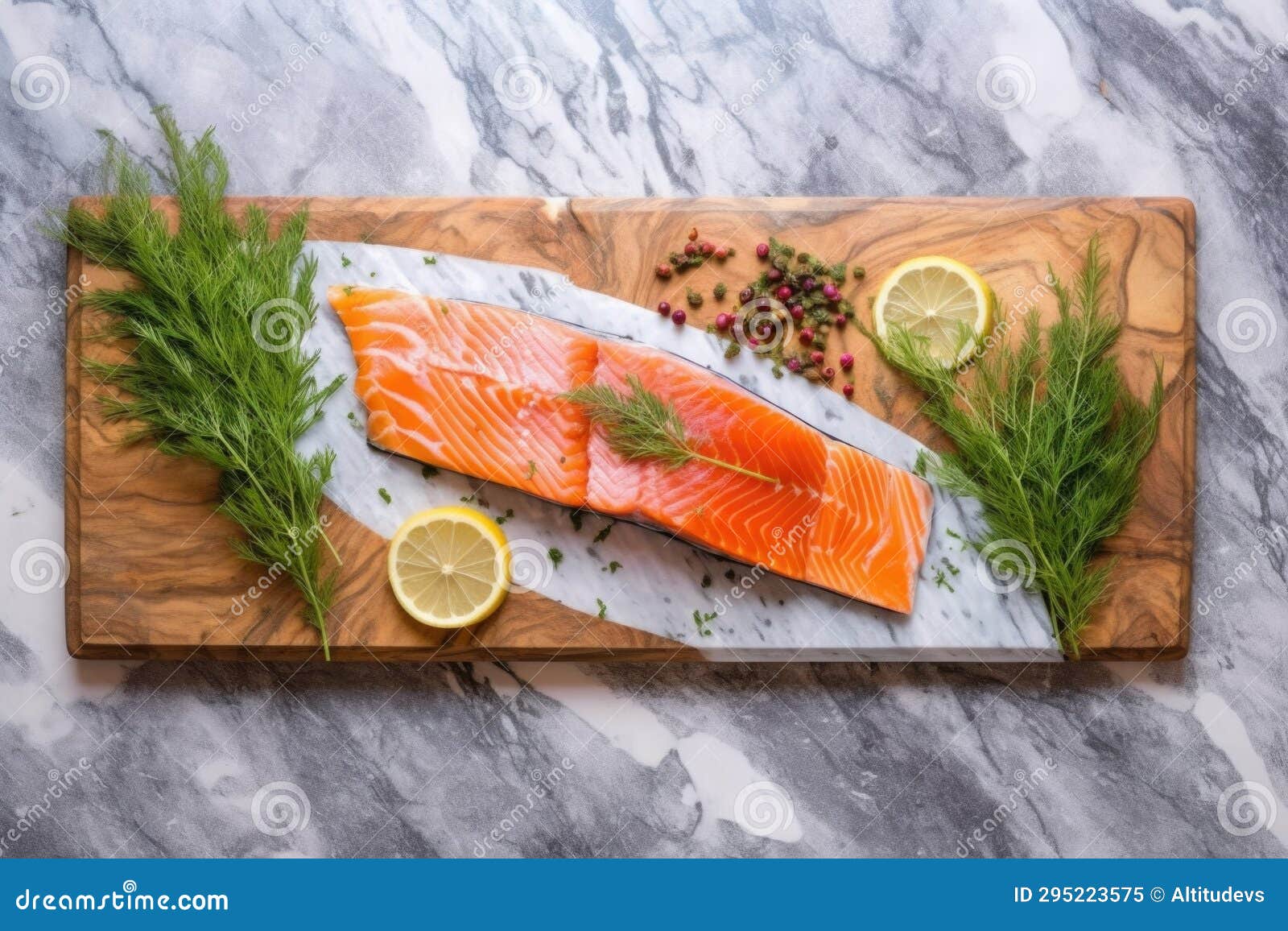 Top View of Smoked Salmon on Cedar Plank on Marble Table Stock Image