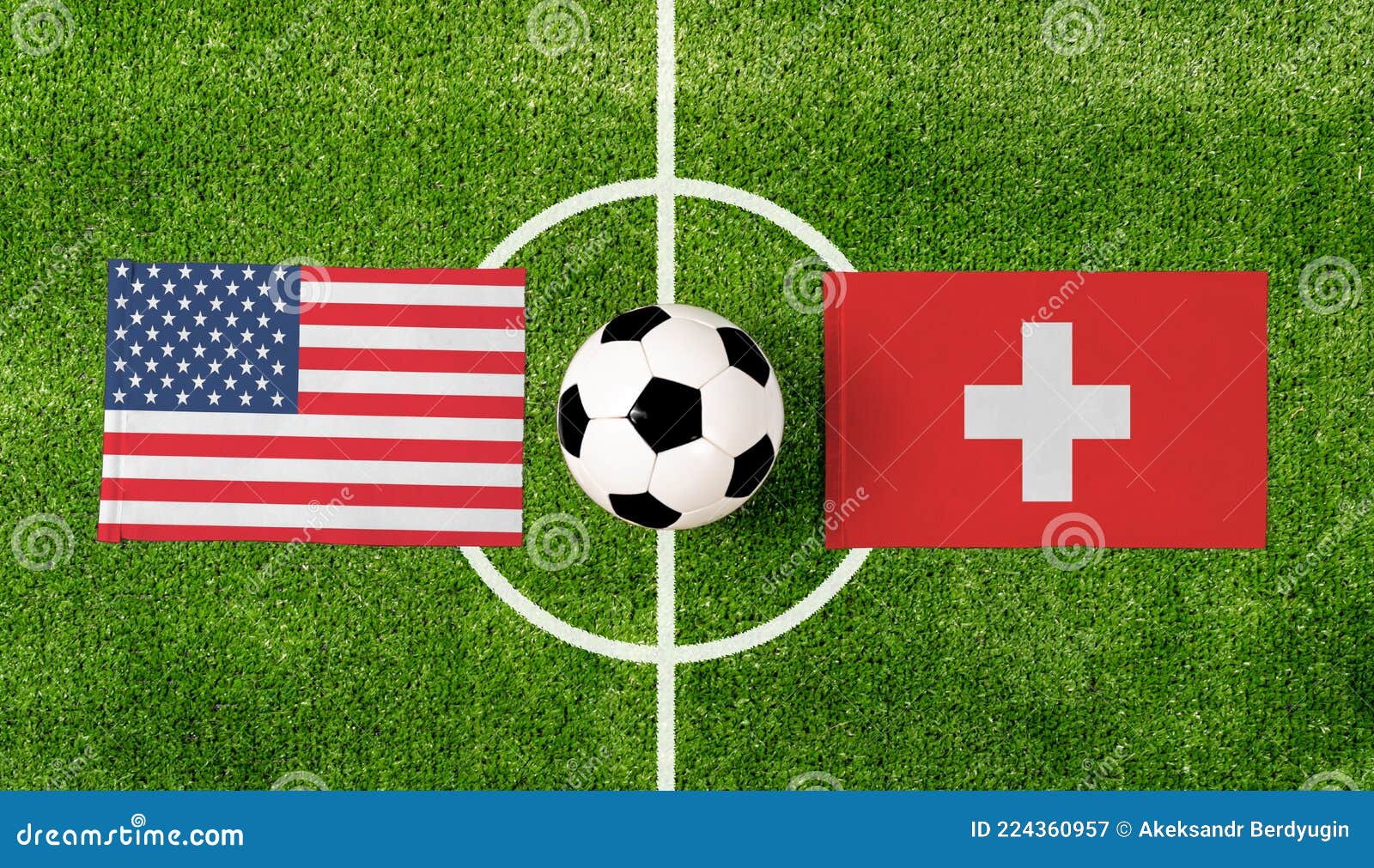 Top View Soccer Ball with USA Vs. Switzerland Flags Match on Green