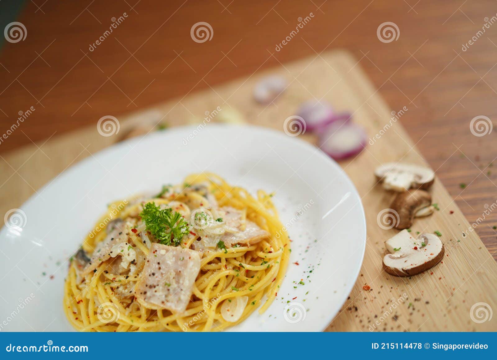 Tilted Top View of Spaghetti Carbonara Lunch Dinner Meal Stock Photo ...