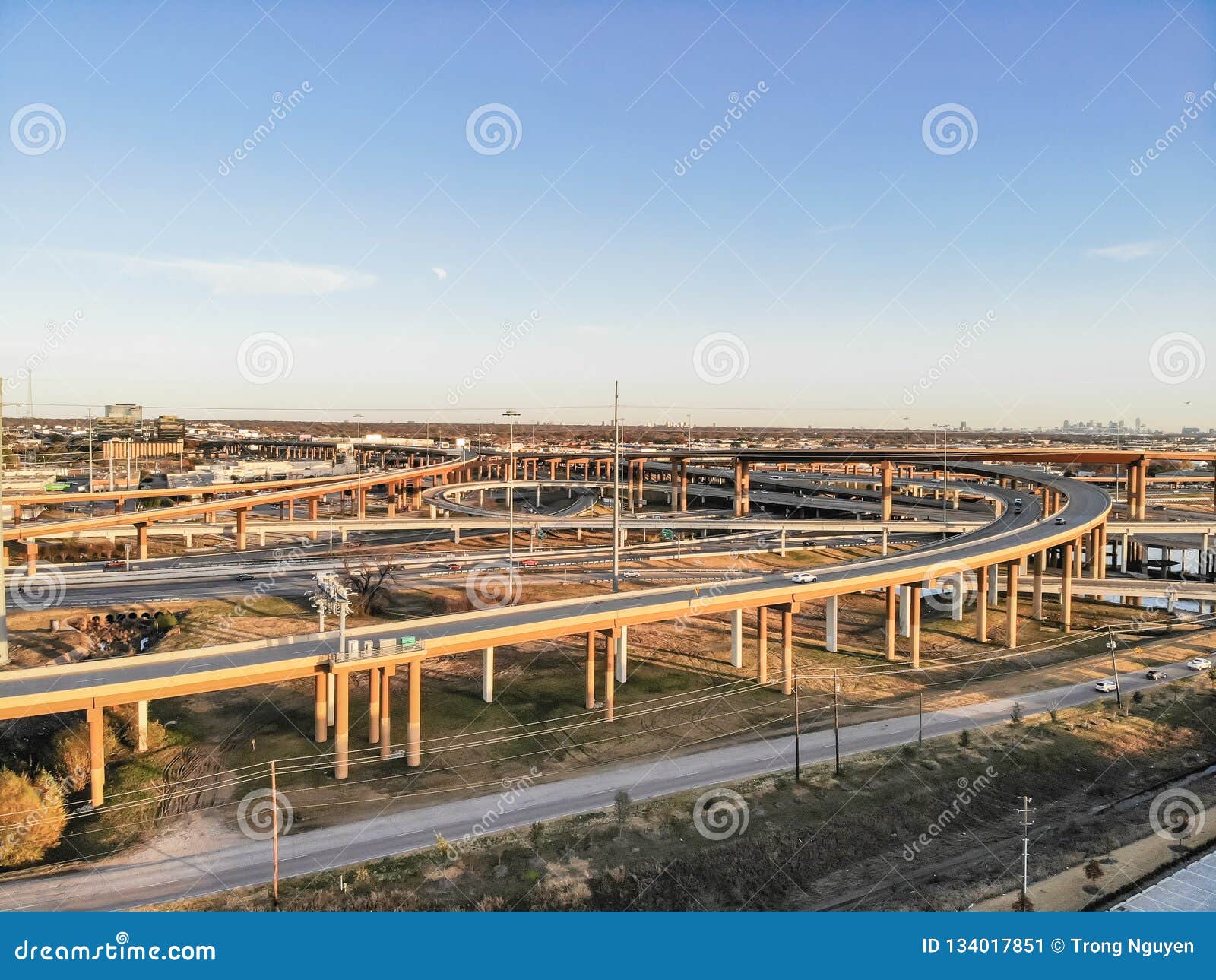 top view stack highway viaduct with traffic near dallas, america