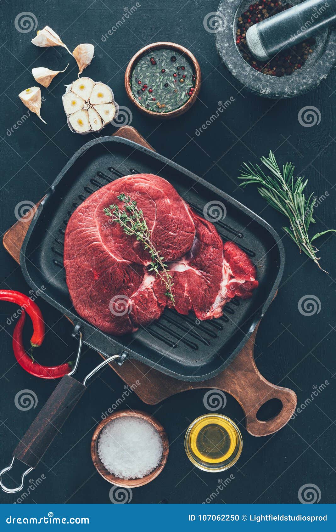Steak on Grill Pan with Various Spices Around Stock Photo Image of