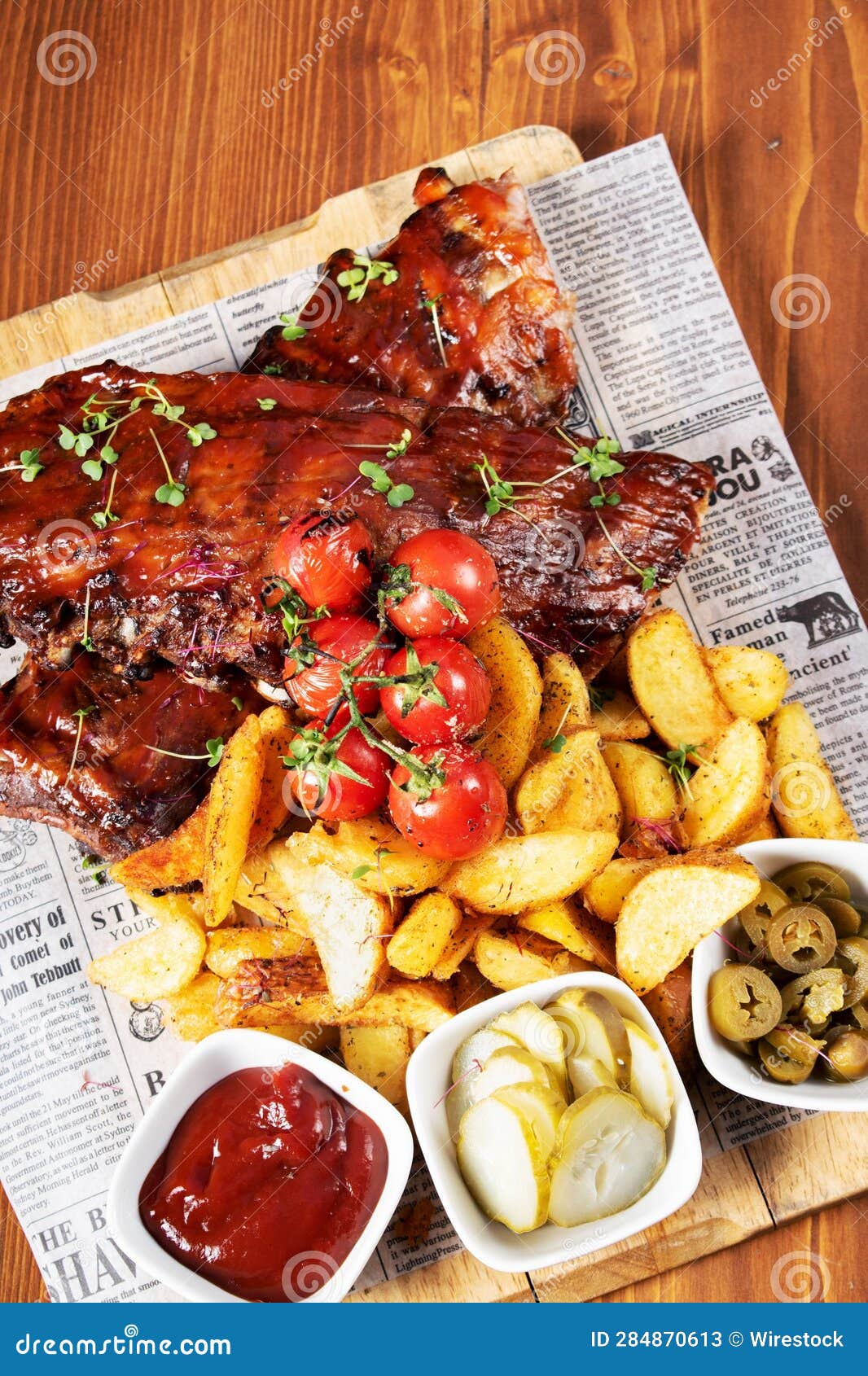 Top View of Steak Served with Fried Potato and Ketchup Sauce Stock