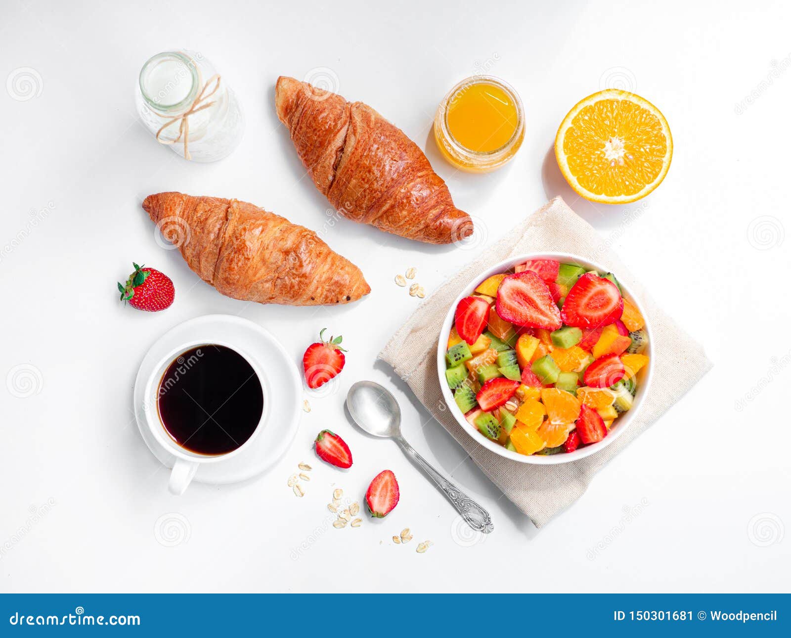 Download Top View Summer Breakfast With Bowl Of Healthy Fresh Fruit Salad Coffee And Croissants Flat Lay On White Background Stock Image Image Of Orange Mockup 150301681