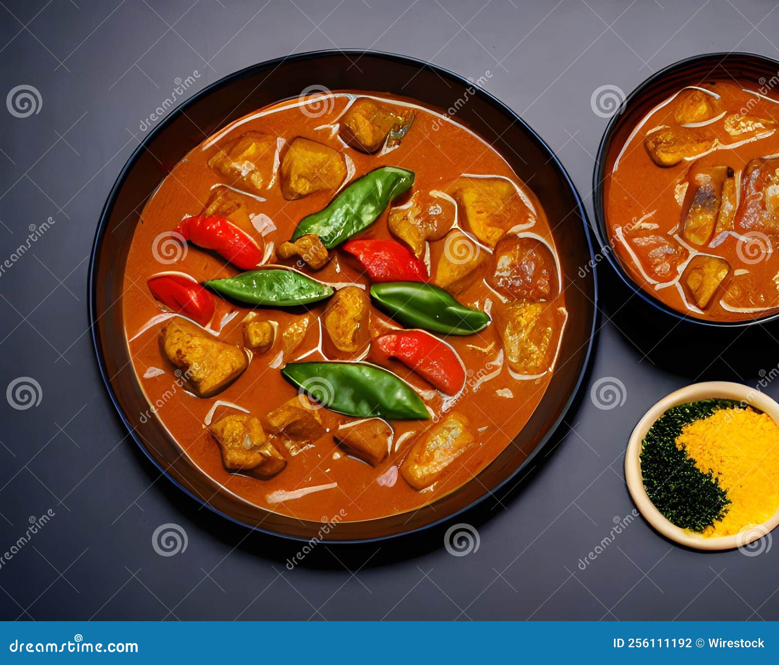 Top View of Thai Curry in a Bowl with Side Dishes on a Gray Surface
