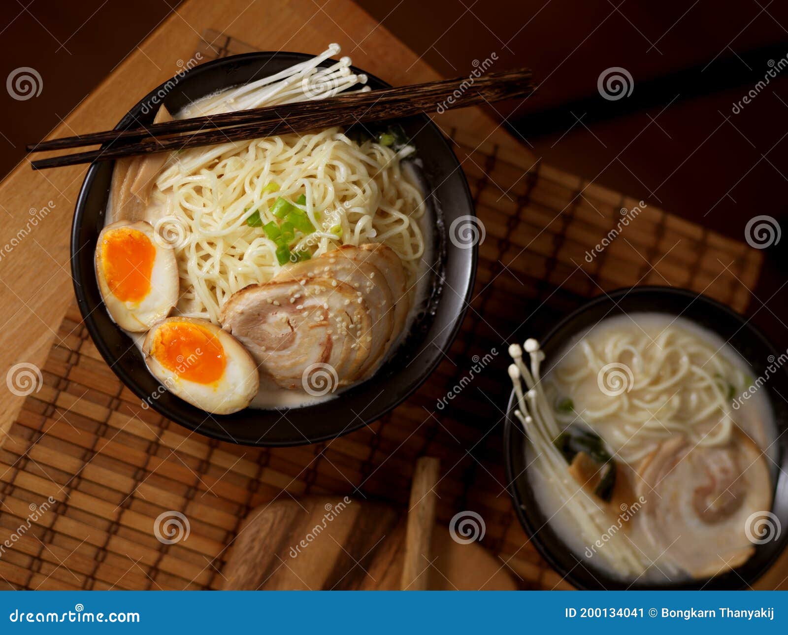 tonkotsu ramen with pork bone based soup, traditional japan noodle