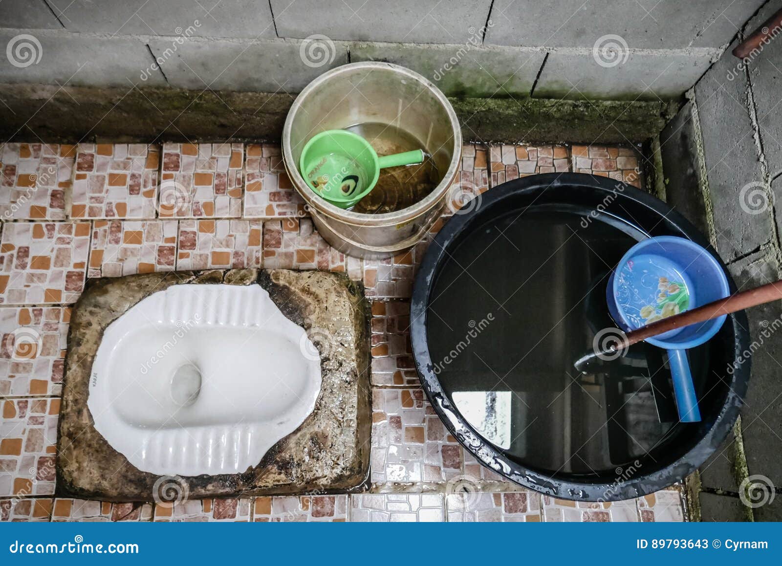Top View of Traditional and Basic Countryside Thai Toilet with Basin