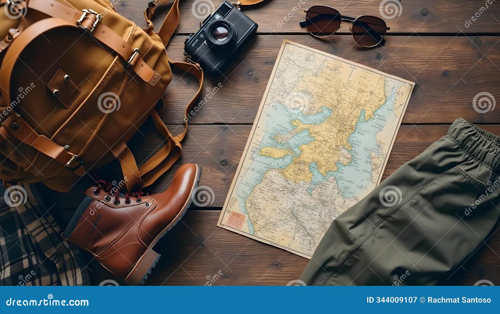 top view of travel accessories and world map on wooden background