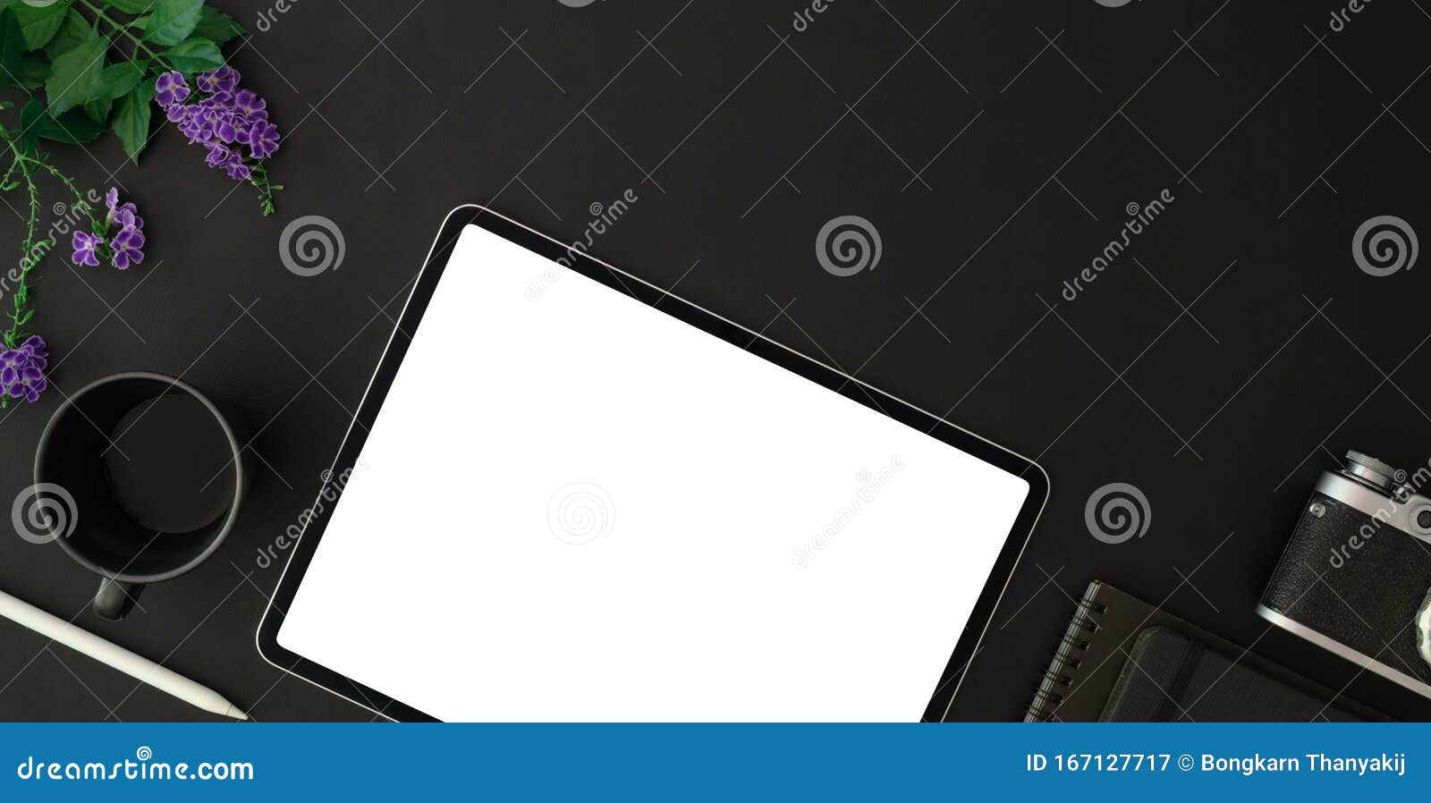 Top View Of Trendy Photographer Workplace With Blank Screen Tablet And