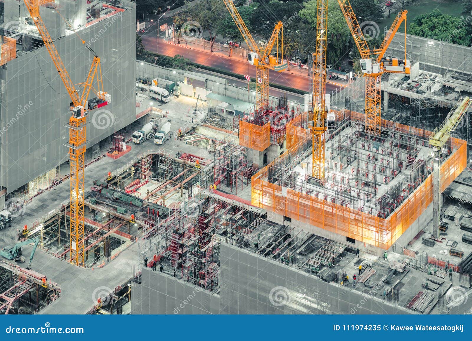 top view of an under construction building site. civil engineering, industrial development project, tower basement foundation infr