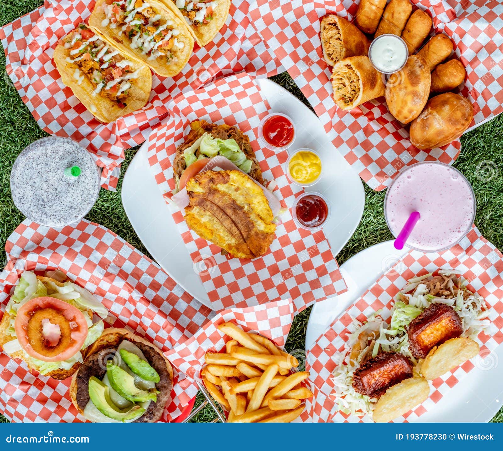 Top View of Various Fast Foods during a Picnic Stock Photo Image of