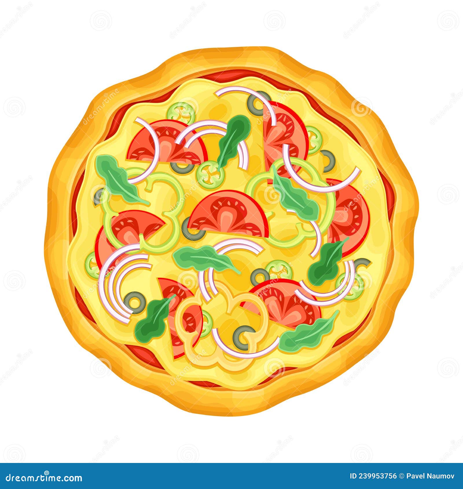 Top View Of Vegetarian Pizza With Tomato Olives Onion And Pepper