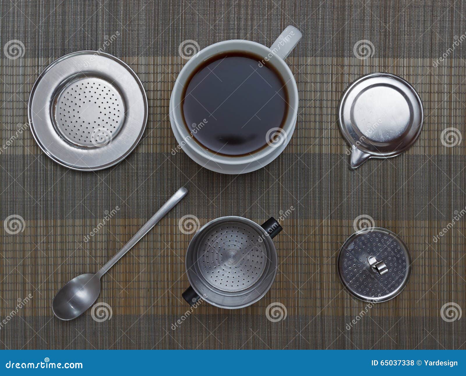 Top View of Vietnamese Coffee Filter Ingredients with Ready Cup of