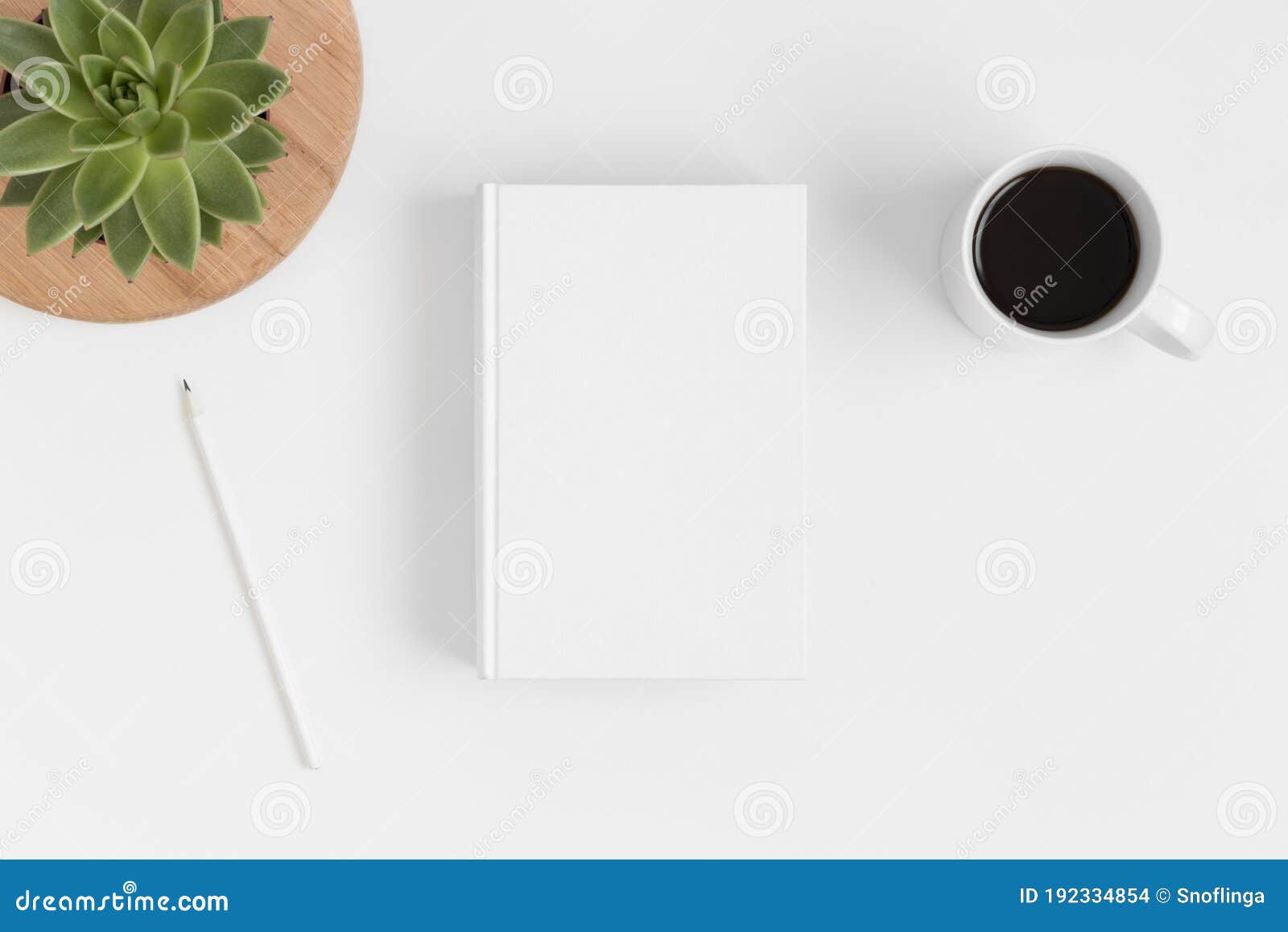 Download Top View Of A White Book Mockup With Workspace Accessories And A Succulent Plant On A White Table Stock Photo Image Of Background Design 192334854