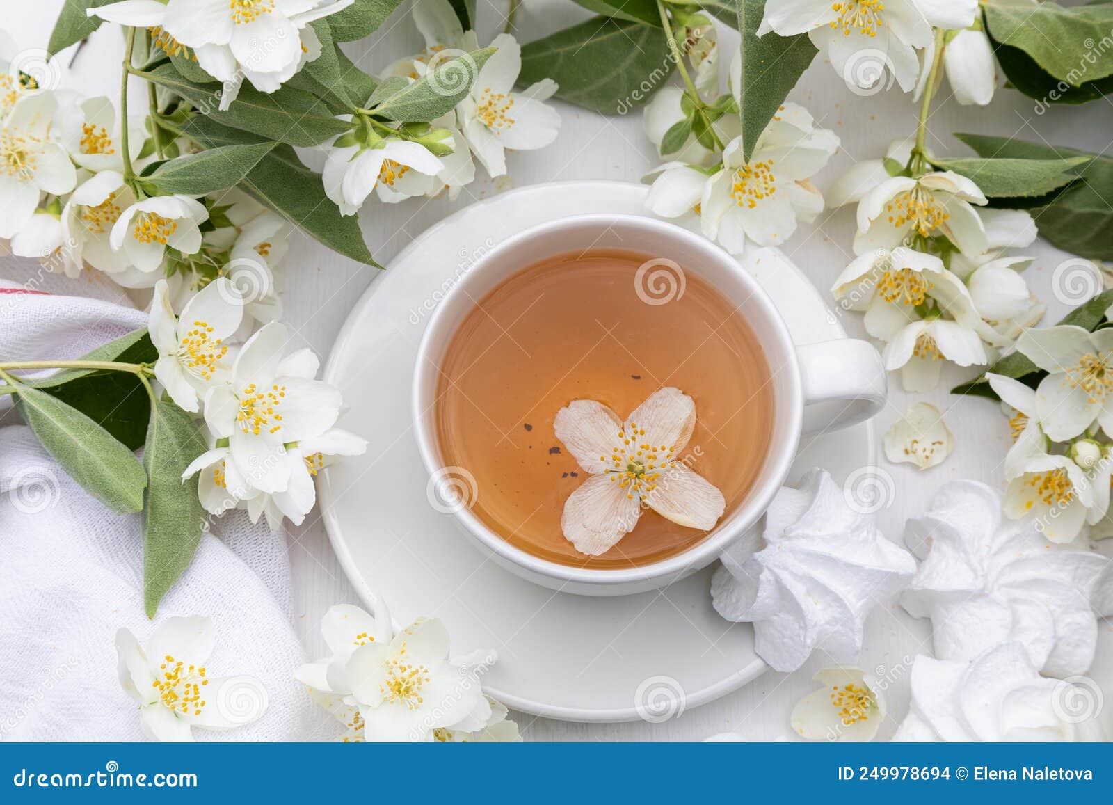 Top View of White Cup with Jasmine Tea. a Flower in a Cup. Surrounded by a Background of