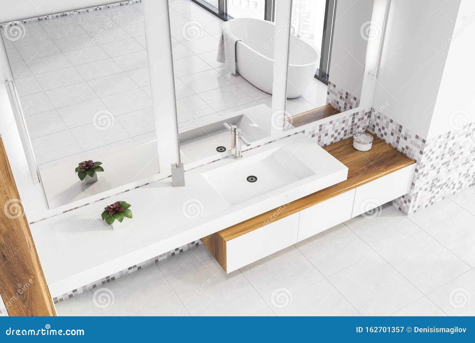 Top View Of White And Mosaic Bathroom Interior Stock Illustration